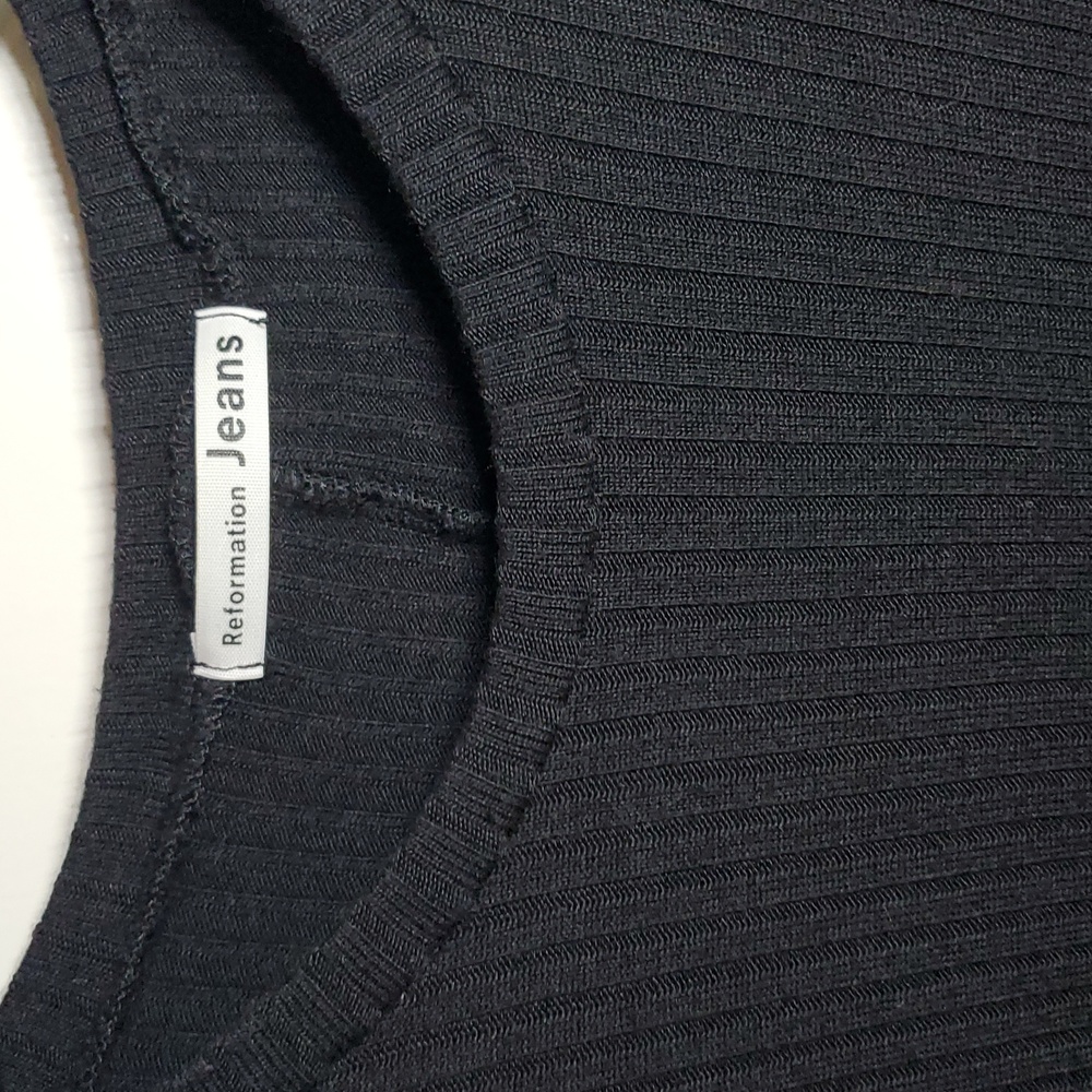 Reformation Black Ribbed Short-Sleeve Midi Dress with Side Slit - Picture 2 of 5